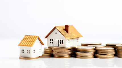 miniature house on pile of coins on white background with copy space. selective focus. saving money and property investment concept. generative AI