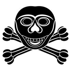 miling human skull and crossed bones. Jolly Roger. Pirate emblem. Black and white negative silhouette. 