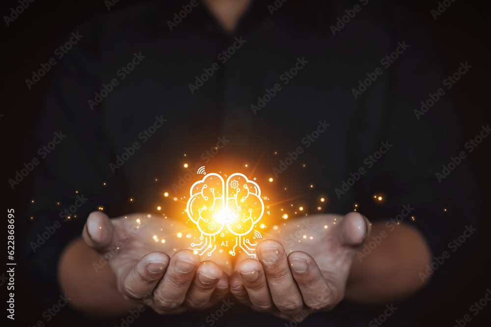 Poster concept idea and artificial intelligence. ai, machine learning, abstract, people holding glowing col