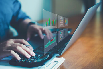 Graph of Business growing. Analytic graph with business planning, Strategy digital Marketing, profit income, economy, stock market trends and Strategy technical analysis. working people on desk.