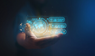 Businessman hold the virtual hologram on hand the concept of communication with global network connection, Technology, innovative and communication concept.Business technology futuristic concept, 3D