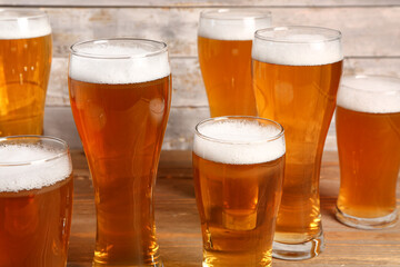 Glasses of cold beer on table. Oktoberfest celebration