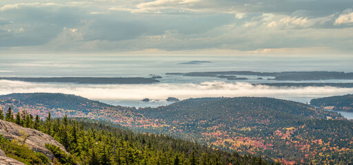 Fall colors from the Pemetic Ridge Trail in Acadia National Park - view of the Atlantic Ocean