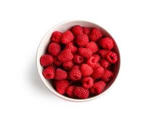 Bowl with fresh raspberries on white background