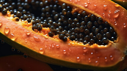 Half of papaya closeup. Fresh tropical exotic fruit macro background
