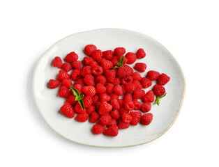 Plate with fresh raspberries and mint on white background