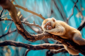 Cute monkey sleeping on tree brunch. Low angle perspective