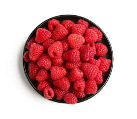 Tray with fresh raspberries on white background