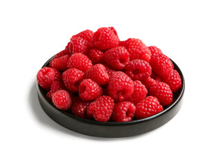Tray with fresh raspberries on white background