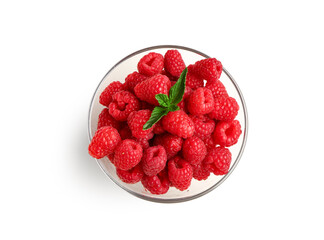 Glass bowl with fresh raspberries on white background