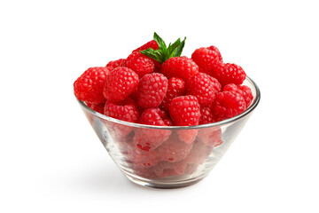 Glass bowl with fresh raspberries on white background