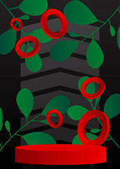 Black, green and red cylinder pedestal podium. Abstract stage showcase for presentation. Vector 3D mockup product display.