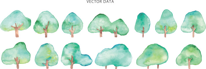 水彩画。水彩タッチの木のベクターイラスト。エコイメージの森背景。Watercolor painting. Vector illustration of tree with watercolor touch. Forest background with ecological image.