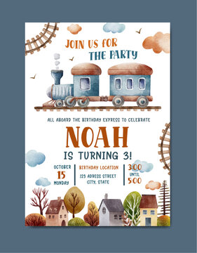 Birthday invitation card with train theme watercolor background template