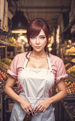 photo of beautiful woman as a shopkeeper at the market, generative AI