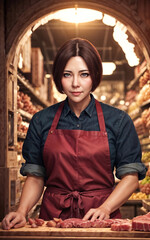 photo of beautiful woman as a shopkeeper at the market, generative AI