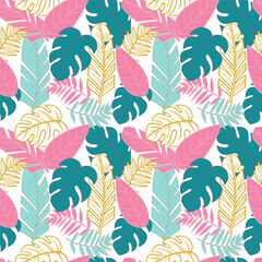 Obraz premium Hand drawn summer leaves pattern with colored tropical leaves