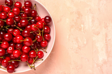 Bowl with red sweet cherries on pink background