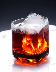 Fired whiskey with burning ice cube