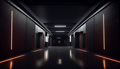 Dark Futuristic Modern Garage Showroom Tunnel Corridor. Entrance 3D Illustration Ai generated image
