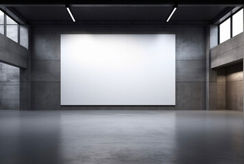 Empty White Screen in an Empty Industrial Setting Concrete Room Windows Flourescent and Natural Light