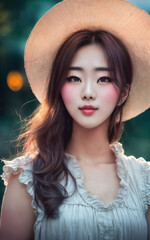 Fototapeta premium portrait photo of cute woman at city street, generative AI
