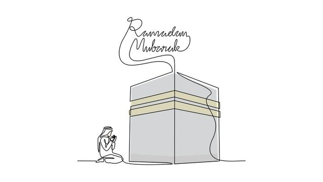Animated self drawing of people praying near di ka'bah in the ramadan mubarak design in simple linear style illustration. Ramadan mubarak design videos for your business asset.