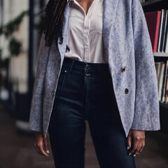 beautiful african american black woman with library in background, generative AI