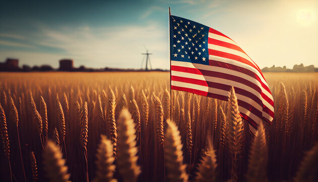 Sunlit wheat field, with an American flag standing tall amidst the golden stalks, independence day concept Ai generated image