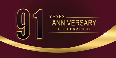 91th Year anniversary celebration background. Golden lettering and a gold ribbon on dark background,vector design for celebration, invitation card, and greeting card.