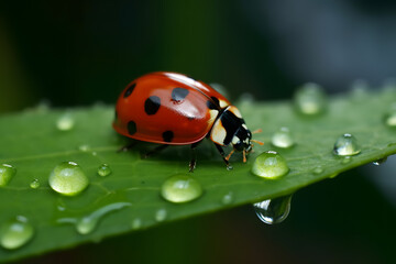 Closeup of ladybug on leaf, Generative AI