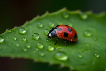 Closeup of ladybug on leaf, Generative AI