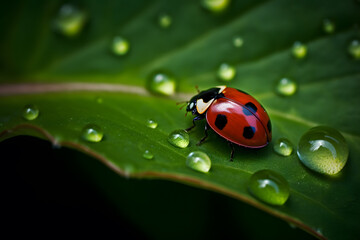 Closeup of ladybug on leaf, Generative AI