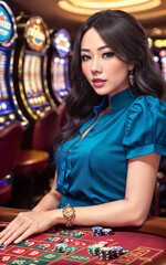 Fototapeta premium beautiful asian woman with luxury dress in grand casino gambling, generative AI