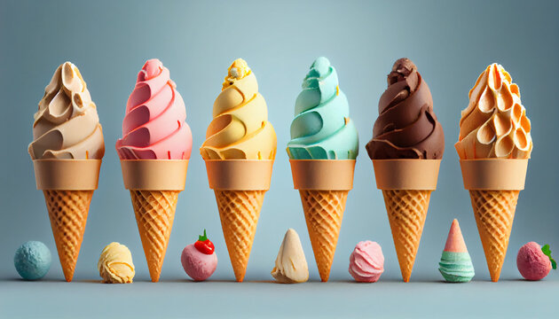 Various varieties of ice cream in cones isolated on light background Ai generated image