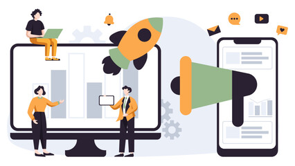 Flat illustration design social media strategy concept digital marketing startup business. Vector illustration for business company in white background.