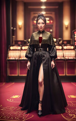 pretty young asian woman at gambling casino lounge, generative AI