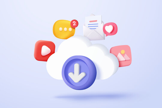 3d download multimedia file document from cloud management. download image and video content digital file. App with data transfer notification icon. 3d cloud storage icon vector render illustration