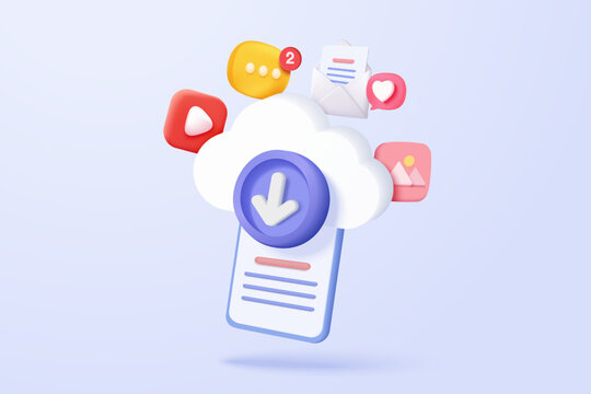 3d Download Data To Cloud Computing With Mobile Phone Concept For Digital File Sharing And Data Transfer System. Download Multimedia To Smartphone. 3d Cloud Storage Icon Vector Render Illustration