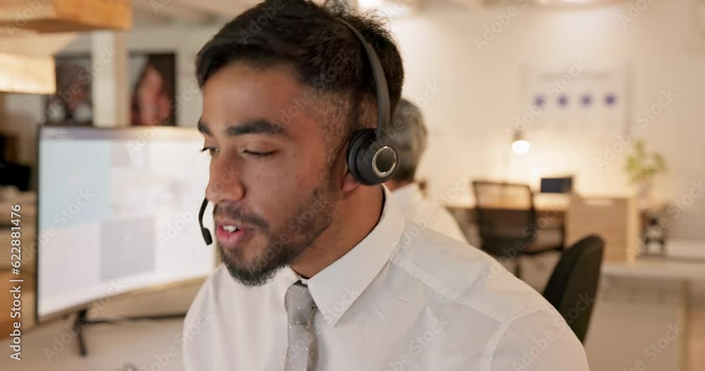 Poster call center, computer and business man, agent or consultant in virtual communication, information te