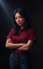 portrait photo of beautiful middle aged asian woman in dark room with light in background, generative AI