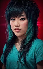 Fototapeta premium portrait photo of beautiful teenage asian woman with trending hairstyle in dark room with light in background, generative AI