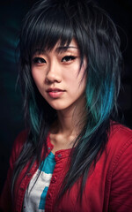 Fototapeta premium portrait photo of beautiful teenage asian woman with trending hairstyle in dark room with light in background, generative AI