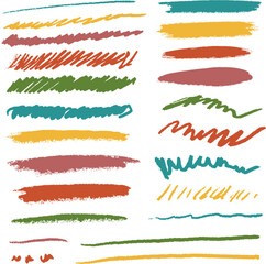 Scribbles set. Hand drawn colorful pencil curly lines. Marker drawing squiggles, strokes vector collection. Paint brush sketches. Scrawl textured freehand isolated elements