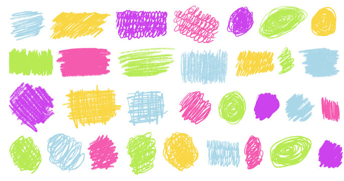 Scribbles set. Hand drawn colorful pencil curly lines. Marker drawing squiggles, strokes vector collection. Paint brush sketches. Scrawl textured freehand isolated elements