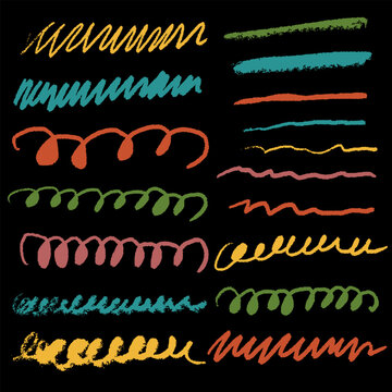 Scribbles set. Hand drawn colorful pencil curly lines. Marker drawing squiggles, strokes vector collection. Paint brush sketches. Scrawl textured freehand isolated elements