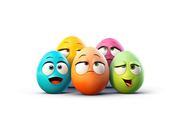 emotional colorful eggs on a white background. illustration painted eggs with digital face elements eyes smile mouth characters. Generative AI