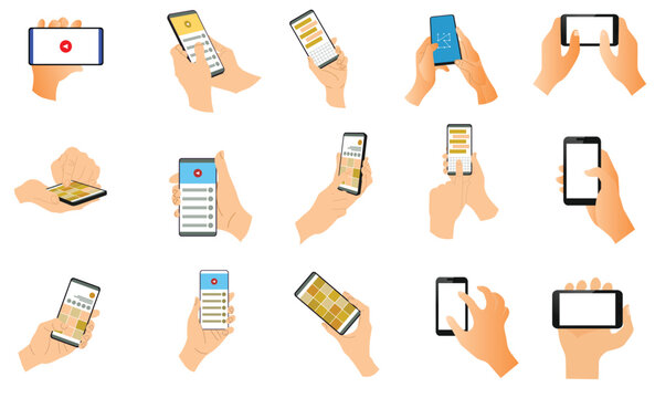 15 Set Hands holding mobile phones. Fingers touching, tapping, scrolling smartphone screens, using applications. People handling with cellphones.