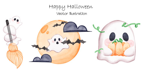 happy halloween with cute little ghost halloween vector illustration