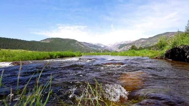 moraine river flows past with sound audio of  clear water running by